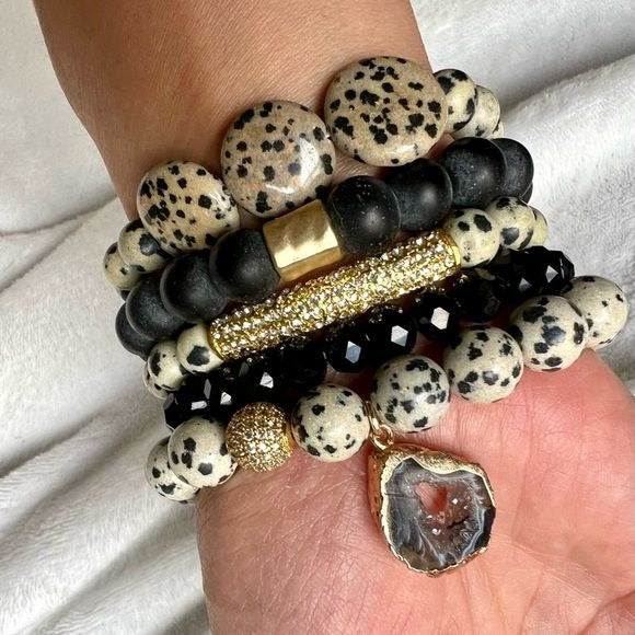 5 Bracelets! Gorgeous Dalmatian Jasper + Solar Quartz Mala Bracelet Stack