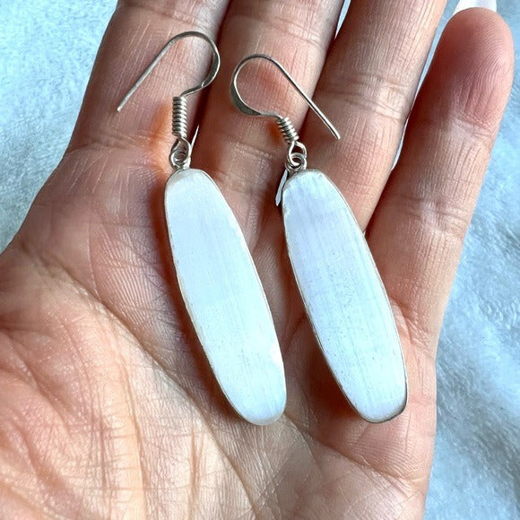 925 Long Elegant Raw Selenite Charging Earrings