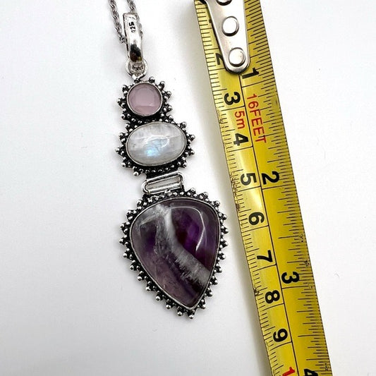 925 STUNNING! Crown Amethyst + Rainbow Moonstone + Rose Quartz Pendant Necklace