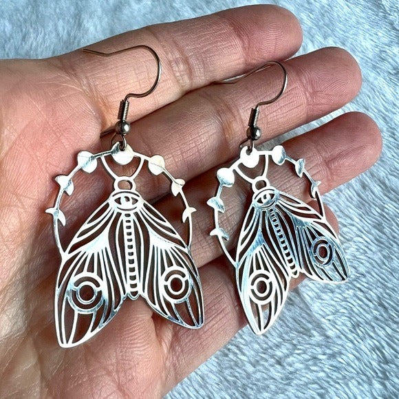 Mystical Moon Moth Lunar Cycle Stainless Steel Earrings