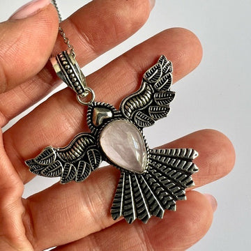 925 Peace Dove Rose Quartz Pendant Necklace Phoenix Eagle Bird