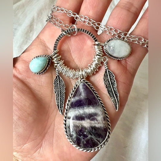 925 OMG OMG! Dream Amethyst + Larimar + Flash Moonstone Charm Necklace Pendant