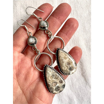 925 Long Petoskey Stone Fossil + Moonstone Earrings