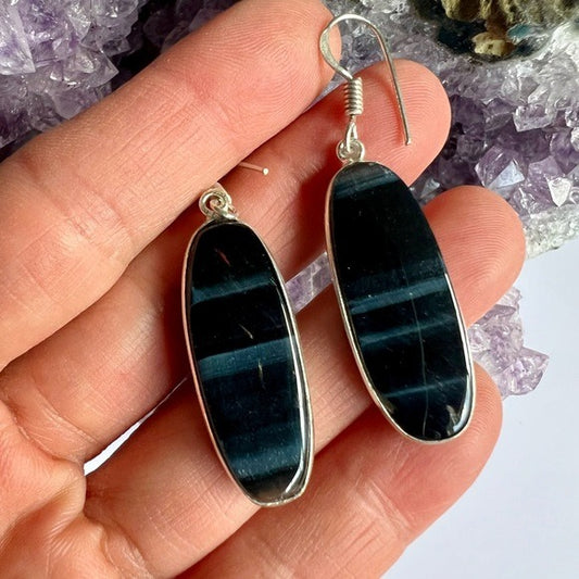 925 Blue Black Tigers Eye Earrings