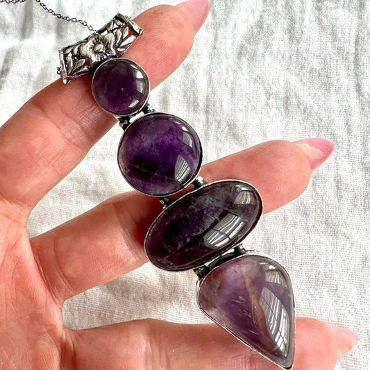 925 LONG GORGEOUS 4 Stone Amethyst Necklace Pendant