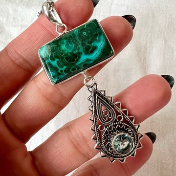 925 Malachite + Chrysocolla SWIRL Chandelier Pendant Necklace