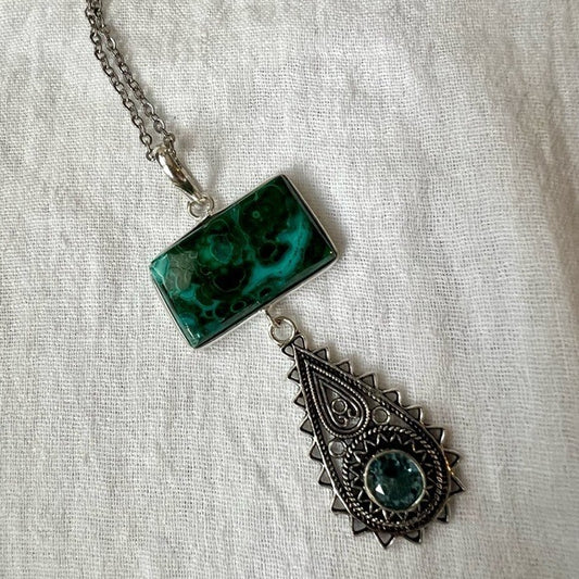 925 Malachite + Chrysocolla SWIRL Chandelier Pendant Necklace