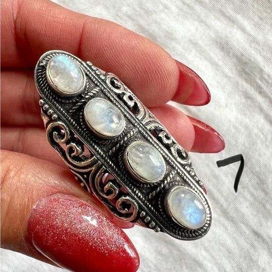 925 OMG OMG Rainbow Flash Moonstone Shield Ring 7 8 10