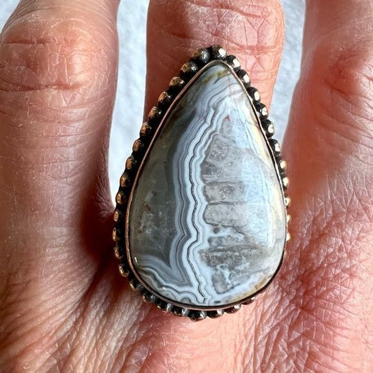Copper Playful Crazy Lace Agate Ring 7.5