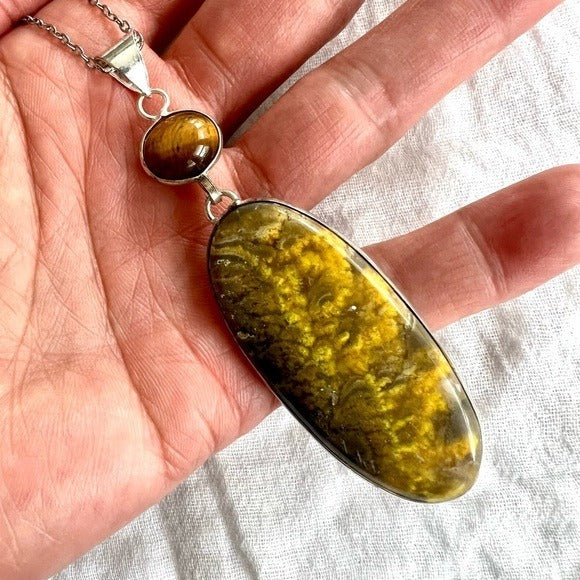 925 Positive Vibes! Bumble Bee Jasper + Tigers Eye Pendant Necklace