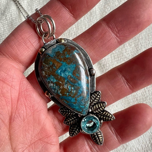 925 GORGEOUS Chrysocolla + Blue Topaz Pendant Necklace