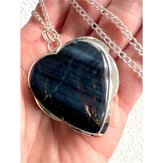 925 HAWKS EYE Blue Tigers Eye Heart Pendant Necklace