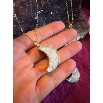 14k Gold or Silver Electroplated Moon Druzy Aura Quartz Necklace