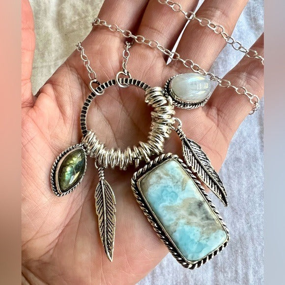925 WOW WOW! Larimar + Flash Labradorite + Moonstone Charm Necklace Pendant