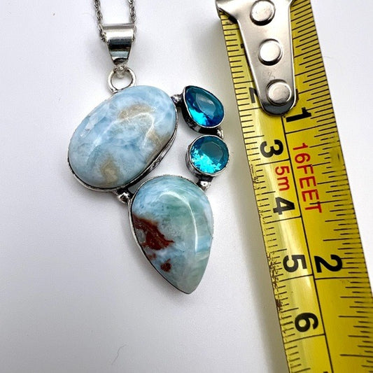 925 Double Larimar + Swiss Topaz Necklace Pendant