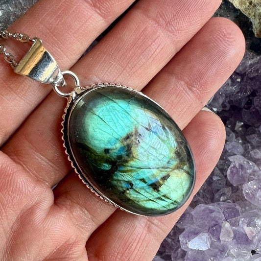 925 Aqua Blue Flash Labradorite Necklace Pendant