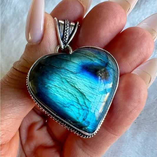 925 Your Choice! ❤️ FLASH Labradorite Heart Pendant Necklace