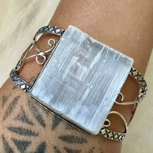 925 MASSIVE! Raw Selenite Crystal Charging Cuff Bracelet