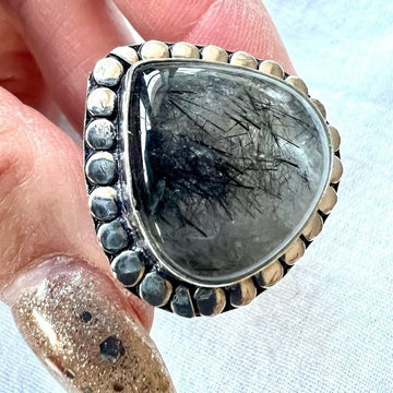925 Fine Black Tourmaline Tourmalated Quartz Ring 6.25