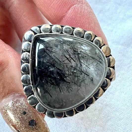 925 Fine Black Tourmaline Tourmalated Quartz Ring 6.25