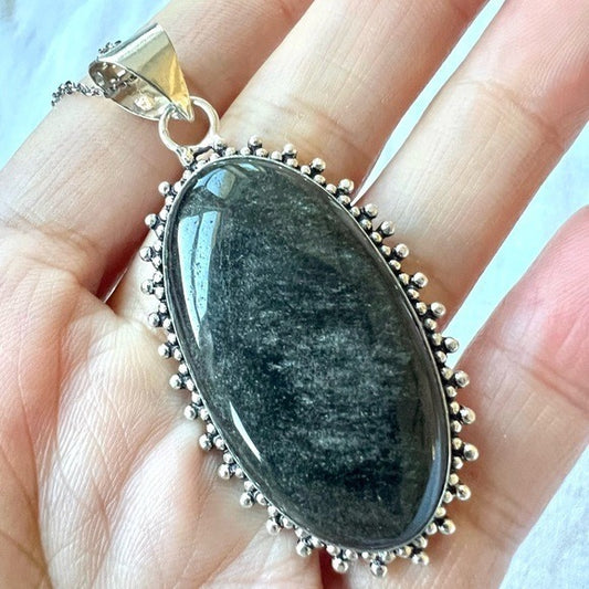 925 Golden Black Obsidian Oval Ornamental Pendant Necklace