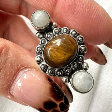 925 Courage + Grace..Tigers Eye + Pearl Ring 8.75
