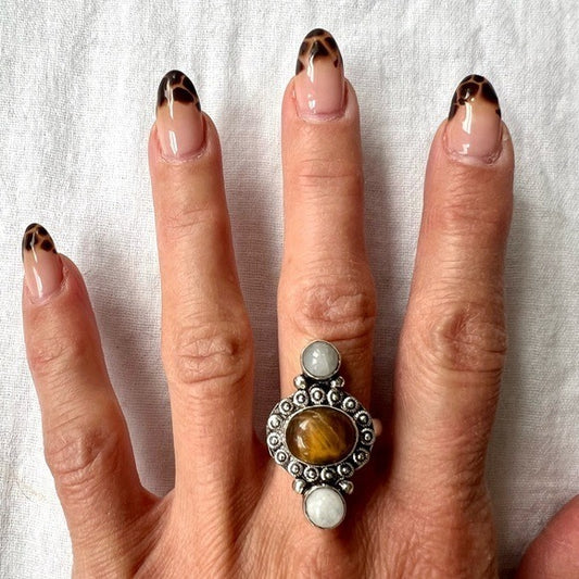 925 Courage + Grace..Tigers Eye + Pearl Ring 8.75