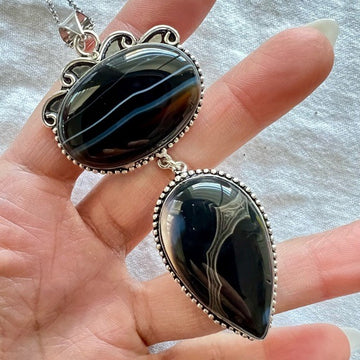 925 HUGE! Black Banded Onyx Chalcedony Pendant Necklace