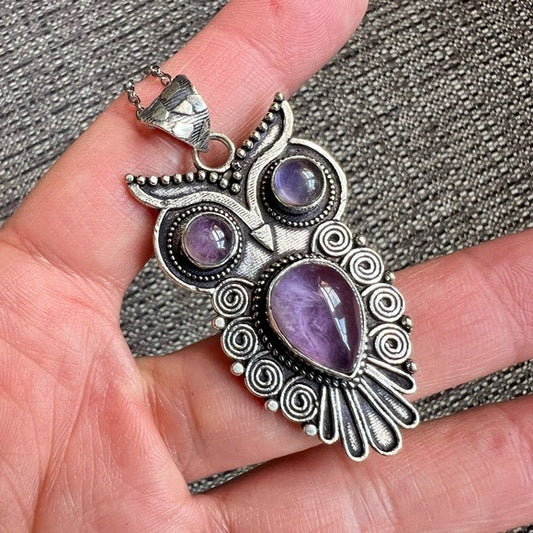 925 SPIRIT ANIMAL Amethyst OWL Pendant Necklace