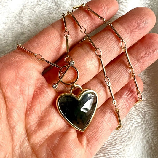 Choose from 10! 14k Subtle Flash Labradorite ❤️ Heart Toggle Necklace Pendant