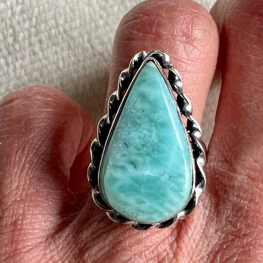 925 Calming Caribbean Teardrop Larimar Ring 6.5