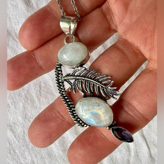 925 DOUBLE Rainbow Flash Moonstone Feather Necklace Pendant