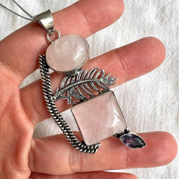 925 Double Rose Quartz Feather Necklace Pendant