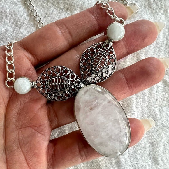925 Feminine Rose Quartz + Moonstone Necklace Pendant