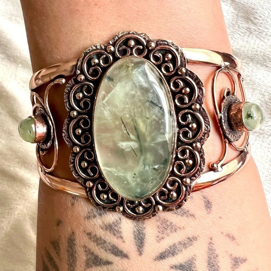 COPPER + Moss Prehnite! GORGEOUS Cuff Bracelet