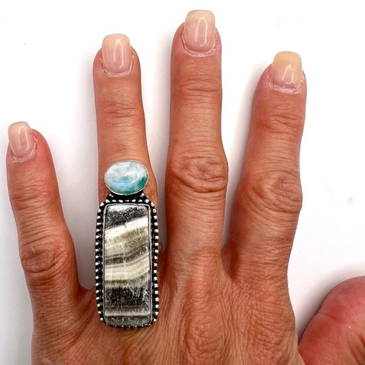 COPY - 925 African Zebra Calcite + Rainbow Flash Moonstone Ring 6.25