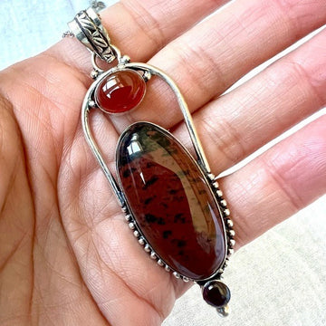 925 STRENGTH Mahogany Obsidian + Carnelian Pendant Necklace