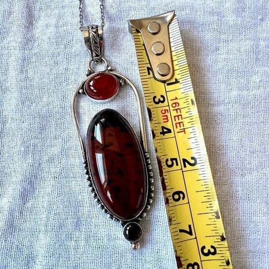 925 STRENGTH Mahogany Obsidian + Carnelian Pendant Necklace