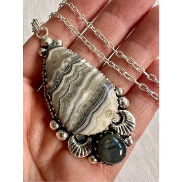 925 Zebra Calcite + BLUE FLASH Labradorite Luna Pendant Necklace