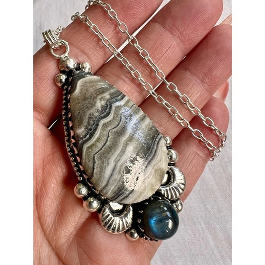 925 Zebra Calcite + BLUE FLASH Labradorite Luna Pendant Necklace