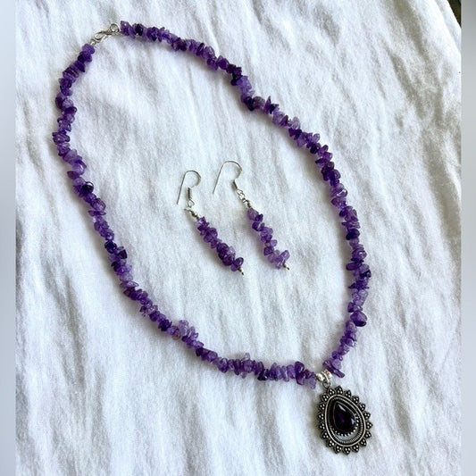 925 Crown Chakra Beaded Amethyst Necklace + Earrings Set
