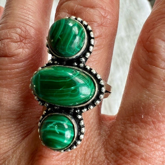 925 Triple Malachite Heart Chakra Ring 7.5