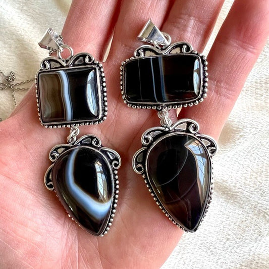 925 You Choose! Banded Black Onyx Chalcedony Pendant Necklace