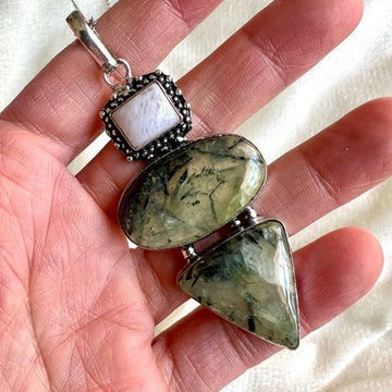 925 MOSS PREHNITE + Rainbow Moonstone Pendant Necklace