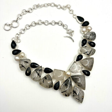 925 GODDESS Tourmalated Quartz Black Rutile Bib Collar Necklace Pendant