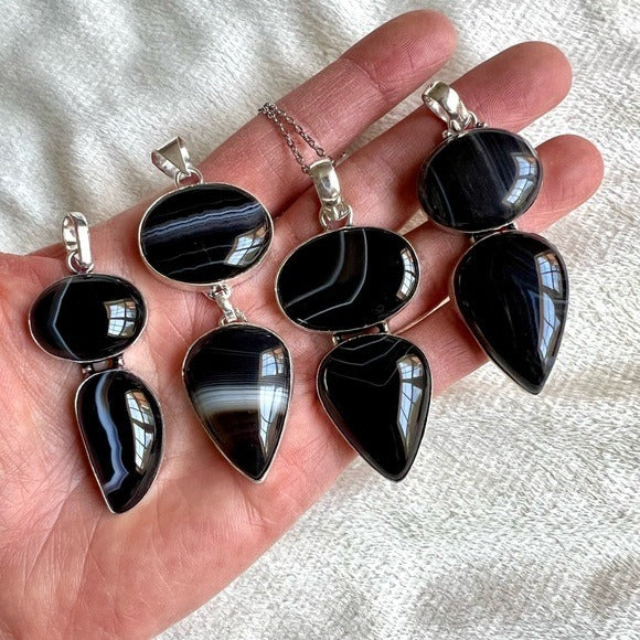 925 You Choose! Banded Black Onyx Chalcedony Pendant Necklace