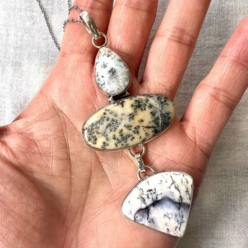 925 OOAK 3 Stone Dendritic Agate Pendant Necklace