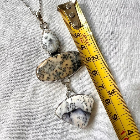 925 OOAK 3 Stone Dendritic Agate Pendant Necklace