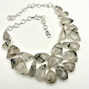 925 GODDESS Tourmalated Quartz Black Rultile Bin Collar Necklace Pendant