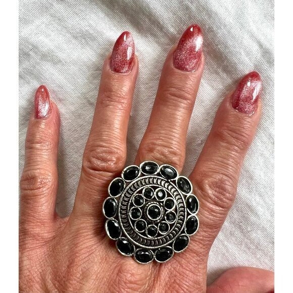 925 Huge! Ornamental Black Spinel Mandala Ring 7.5, 8.5